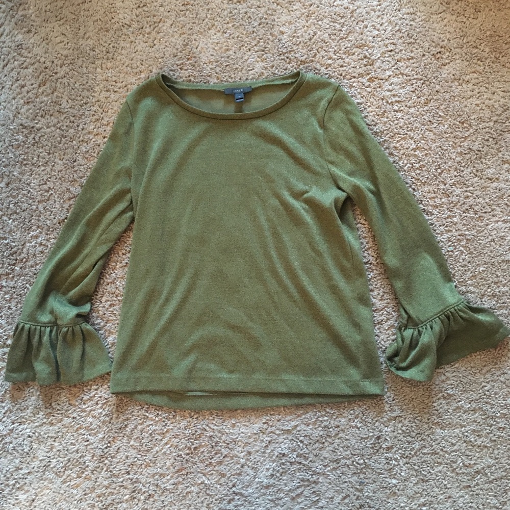 J. Crew Green and Gold Top Sparkle Metallic Fairycore Flare Sleeve Holiday